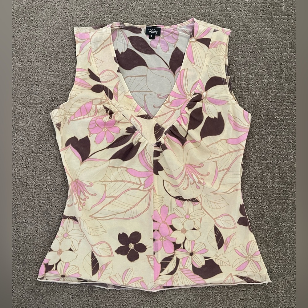 Vtg Y2K Vanity Mesh Sleeveless Tank V-neck Floral Print Size Large